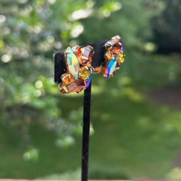 VTG Aurora Borealis AB Rhinestone Gold Earrings - Picture 3 of 8